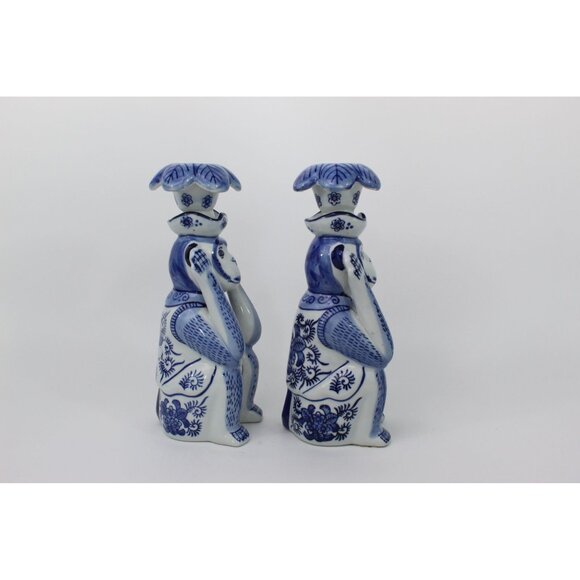 Chinoiserie Monkey Candlestick Holders, White Delft Style Pair - Picture 3 of 9